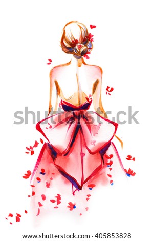 Watercolor girl in red fashion dress