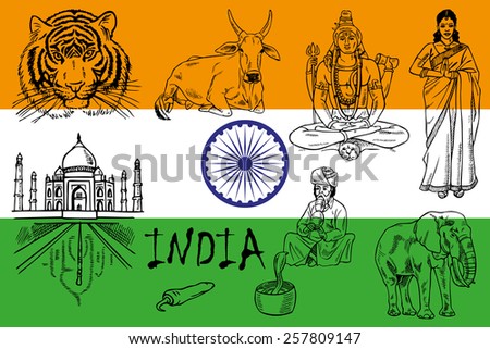 illustration on the theme of India. Attractions on the background of the flag.