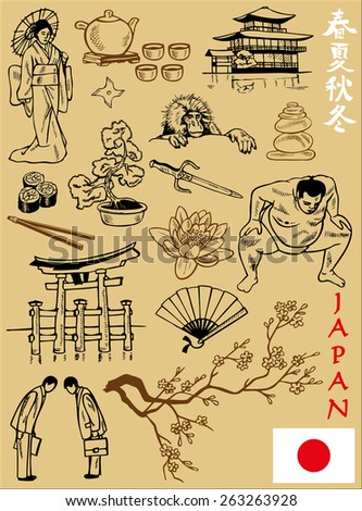 illustration on the theme of Japan Attractions: flag, architecture, people, flora and fauna.