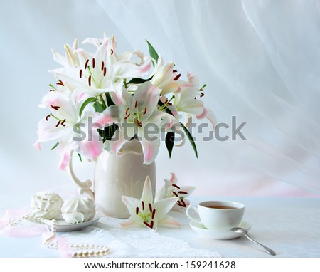 Lily Bouquet and cup of tea