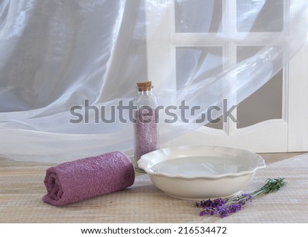 still life set for spa with lavender, towel and salt