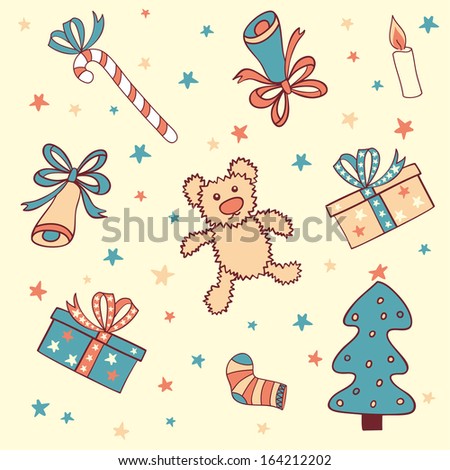 Cute  set with teddy bear, candy, gift boxes, christmas tree, sock, candle, bells and stars.