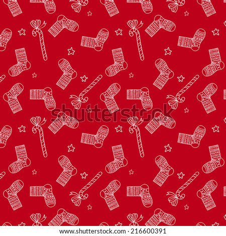 Christmas seamless pattern with socks, stars and candies.