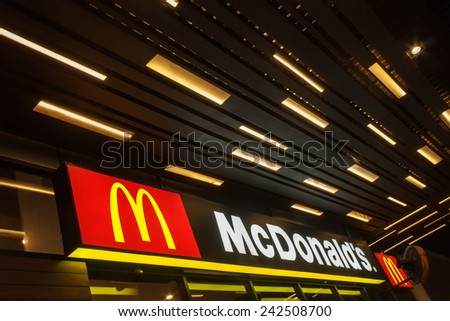 BANGKOK, THAILAND - OCTOBER 10: Logo and Electronic sign of McDonald\'s Restaurant on October 10, 2013 in Bangkok Thailand. McDonald was established by brother Mac in 1948.