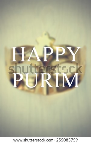Happy Purim card with blurred mask background.