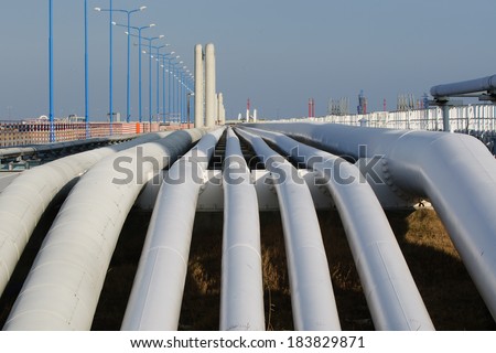 Bottom shot of a pipeline at sunset. Pipeline transportation is most common way of transporting goods such as Oil, natural gas or water on long distances