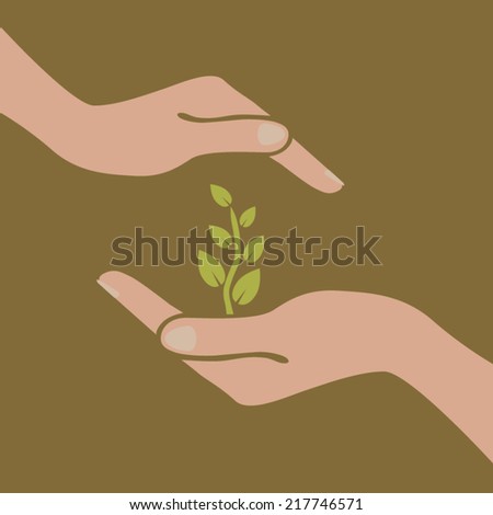 Hands holding plant. Vector Illustration.