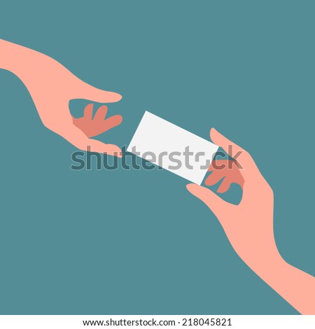 Hand giving empty business card. Vector Illustration.