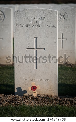 Grave of an unknown British soldier of World War Two at the military cemetery at Bayeux, France