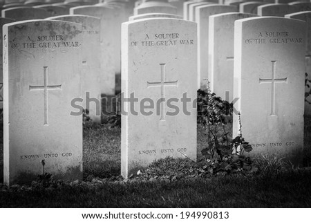 Headstones of Unknown World War One soldiers in the Tyn Cot cemetery, Ypres, Belgium