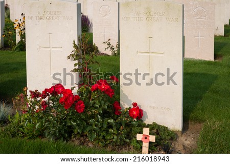 Headstones of Unknown Soldiers of World War One at Tyne Cot cemetery, Belgium