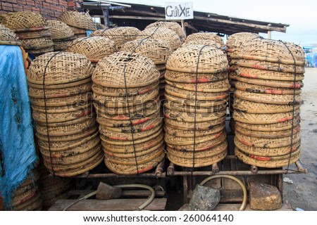 Baskets exposed to the sun on seacoast of fishing village Long Hai, Vietnam, Southeast Asia