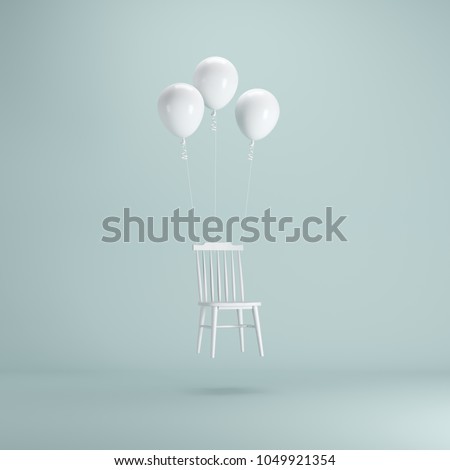 Floating Chair with white balloons on pastel green background. minimal idea concept.