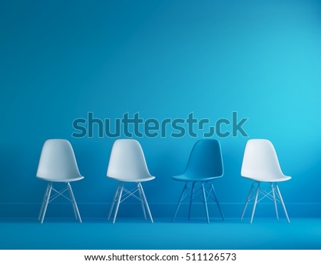 Modern blue and white chairs standing in interior empty blue room for copy space. minimal space.
