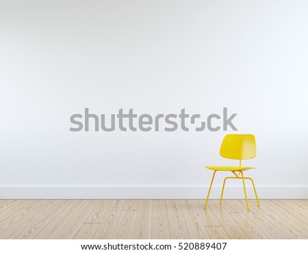 Modern yellow chair in white room interior parquet wood floor.