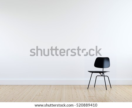 Modern black chair in white room interior parquet wood floor.