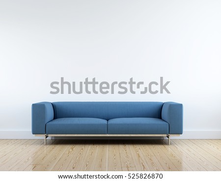 Modern blue fabric sofa in white room interior parquet wood floor.