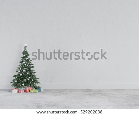 Christmas concept interior loft room , christmas tree , gift box in white room interior with concrete floor and wall.