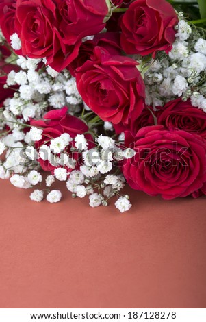 bouquet of roses and baby\'s breath on a terracotta background, gift card