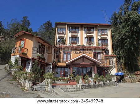 Sapa, Vietnam - Jan 15, 2015: Front view of a beautiful little hotel on a hill in Sapa tourism town, Vietnam. Sapa is one of the most well-known destination for local and foreign tourist in Vietnam.