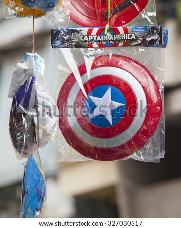Hanoi, Vietnam - Sep 27, 2015: Made in China toy copied images of Captain America movie for sale in Hanoi street.