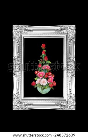 antique flowers black and white frame isolated on black background