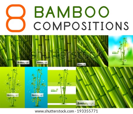 Set of vector nature bamboo designs. Stems, leaves, landscapes