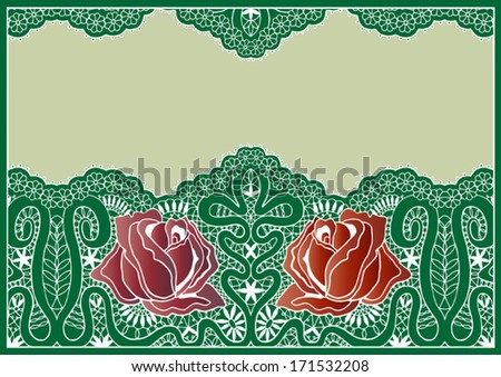 Abstract background. Ornamental lace frame pattern, seamless fabric with flowers, rose design element, hand drawn sketch border, green and red vector illustration