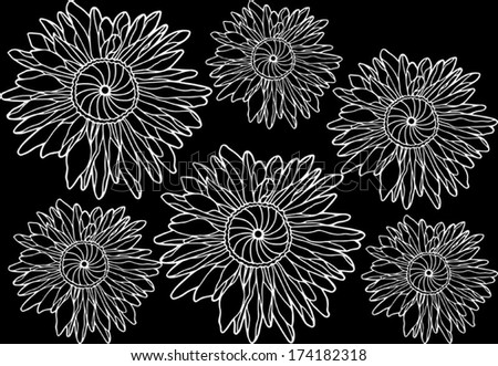 Doodle flower background. Floral seamless texture, endless pattern with flowers, hand drawn sketch, vector illustration, black and white