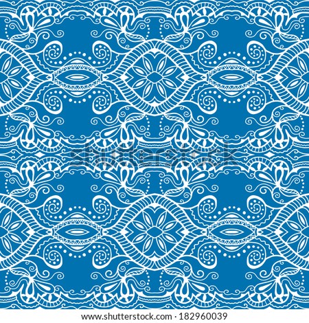 Raster seamless background, abstract decoration, hand drawn sketch, geometric ornament, ethnic lace pattern, blue and white