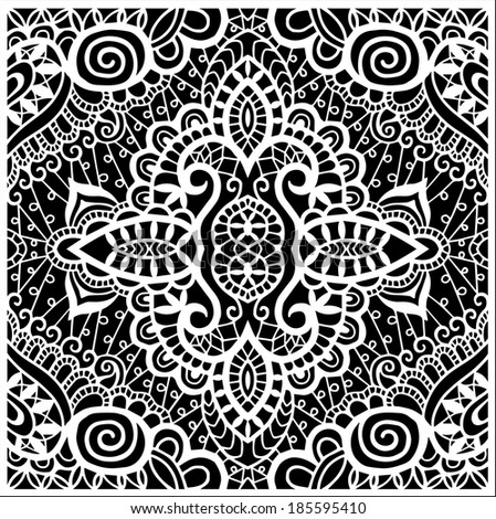 Seamless background, retro geometric ornament, lace pattern, abstract decoration, hand-drawn artwork, sketch, black and white, raster version