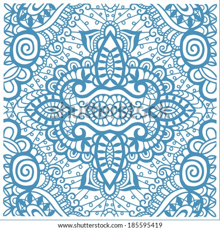Seamless background, retro geometric ornament, lace pattern, abstract decoration, hand-drawn artwork, sketch, blue on white, raster version