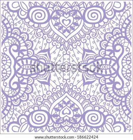 Seamless background, retro geometric ornament, lace pattern, abstract decoration, hand-drawn artwork, sketch, purple on white, raster version