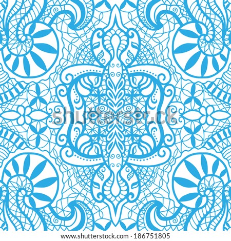Seamless background, retro geometric ornament, lace pattern, abstract decoration, hand-drawn artwork, sketch, blue on white, raster version