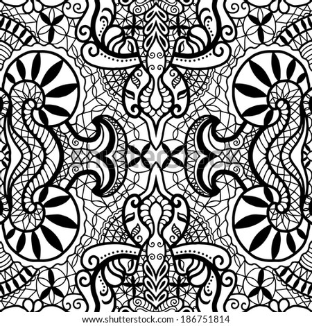 Seamless background, retro geometric ornament, lace pattern, abstract decoration, hand-drawn artwork, sketch, black and white, raster version