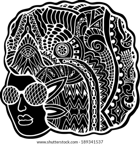 Black head woman with ethnic pattern on her hair, black and white graphic, tribal tattoo style, hand drawn artwork, raster version