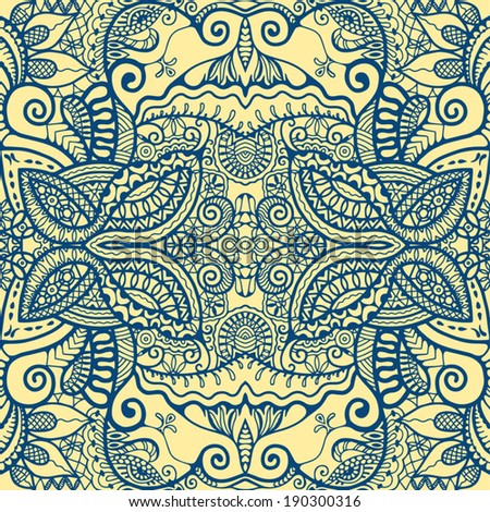 Seamless background, ethnic ornament with butterflies, vector lace pattern, colorful abstract decoration, blue and yellow