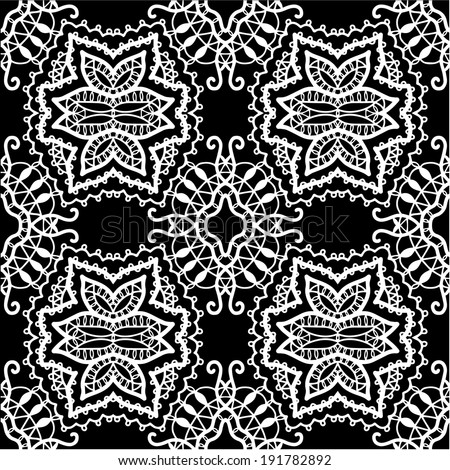 Abstract decoration, retro floral and geometric ornament, lace seamless pattern, ethnic background, hand-drawn sketch artwork, card design, raster version black and white
