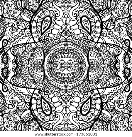 Abstract decoration, retro floral and geometric ornament, lace seamless pattern, black and white ethnic background, hand drawn sketch artwork, card design, raster version