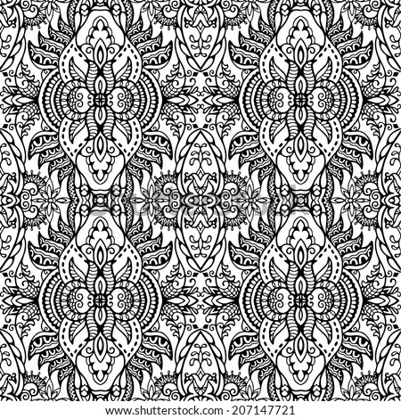 Abstract ethnic background, retro floral and geometric ornament, lace seamless pattern, hand drawn sketch artwork, card design, raster version black and white