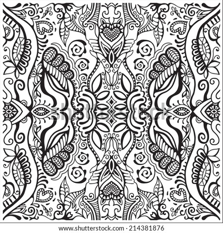 Abstract ethnic decoration, retro floral and geometric ornament, seamless lace pattern, hand drawn artwork, black and white background, raster version