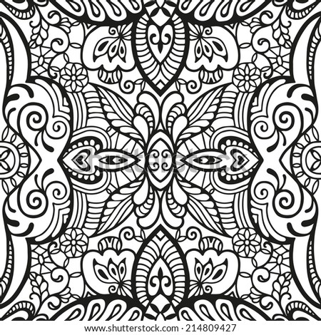 Abstract ethnic decoration, retro floral and geometric ornament, seamless lace pattern, hand drawn artwork, black and white raster illustration