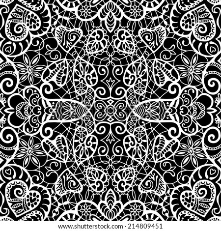 Abstract ethnic decoration, retro floral and geometric ornament, seamless lace pattern, hand drawn artwork, black and white raster illustration