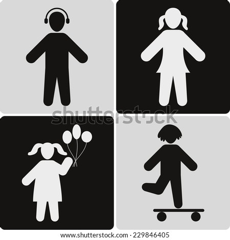 People icons set, children black silhouette, vector illustration