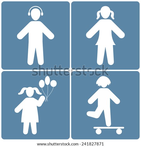 People icons set, children white silhouette on blue background, vector illustration
