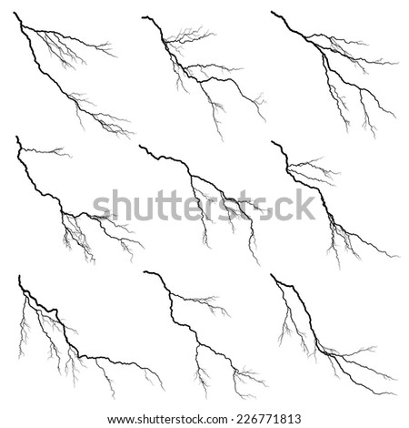 Set of vector silhouettes illustration of thunderstorm lightning isolated on white background.