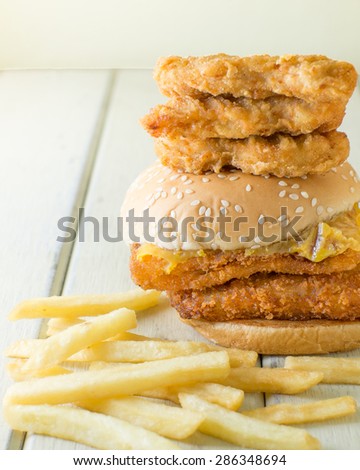 double fish cheese burger and chicken fried, french fried