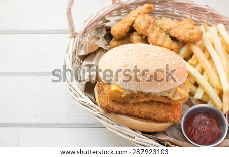 double fish burger, french fried and chicken fried
