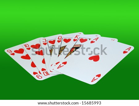 hearts poker, five cards isolated, with clipping path