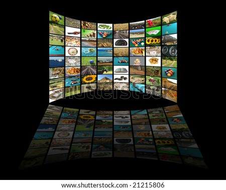 Television concept with many pictures and reflection, black background
